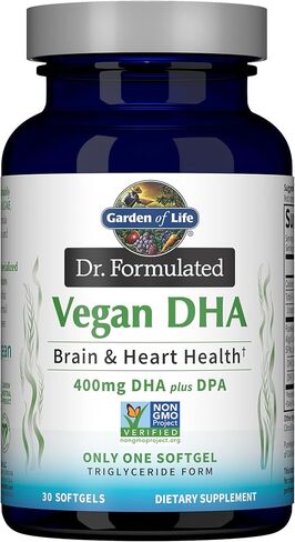 Garden of Life Omega 3 Vegan DHA Supplements Dr. Formulated Vegan DHA, 400mg DHA & 70mg DPA in Triglyceride Form from a Single Source, Omega 3 Supplement for Women's and Men's Health, 30 Softgels in Kuwait