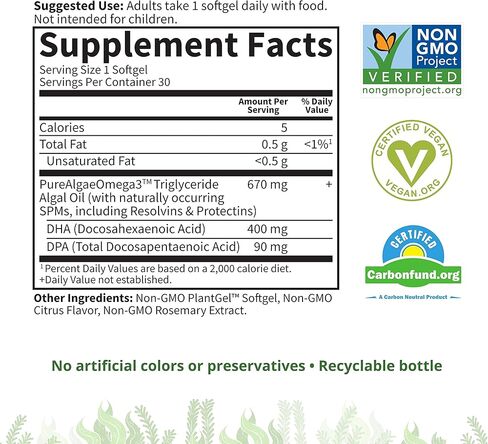 Garden of Life Omega 3 Vegan DHA Supplements Dr. Formulated Vegan DHA, 400mg DHA & 70mg DPA in Triglyceride Form from a Single Source, Omega 3 Supplement for Women's and Men's Health, 30 Softgels in Kuwait