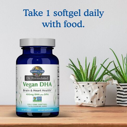 Garden of Life Omega 3 Vegan DHA Supplements Dr. Formulated Vegan DHA, 400mg DHA & 70mg DPA in Triglyceride Form from a Single Source, Omega 3 Supplement for Women's and Men's Health, 30 Softgels in Kuwait