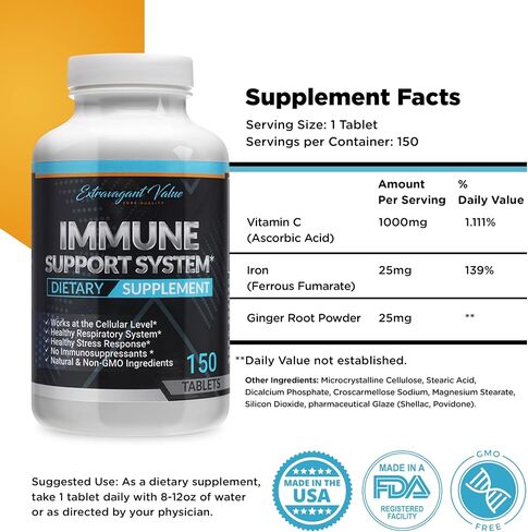 Extravagant Value Iron Supplement for Women & Men 25mg for Anemia with Vitamin C 1000mg, Immune Support & Blood Builder Iron Tablets with Ginger Root Powder with Non- GMO Ingredients, 150 Tablets in Saudi Arabia