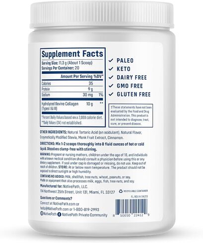 NativePath Collagen Peptides - الكولاجين المتحلل من النوع 1 و3. مسحوق بروتين Keto & Paleo Grass-Fed للشعر والبشرة والأظافر والعظام والمفاصل والهضم والمزيد - بدون غلوتين أو منتجات ألبان (خوخ، 228 جم) in Kuwait