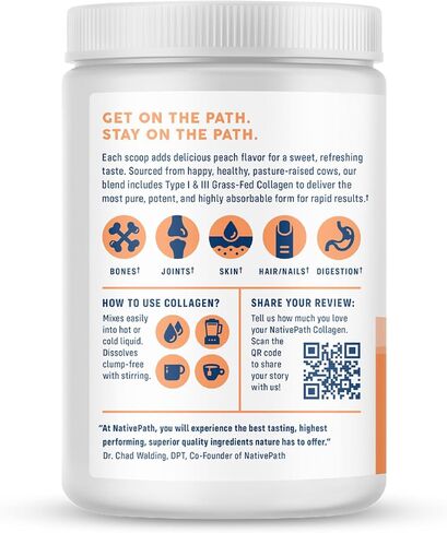 NativePath Collagen Peptides - الكولاجين المتحلل من النوع 1 و3. مسحوق بروتين Keto & Paleo Grass-Fed للشعر والبشرة والأظافر والعظام والمفاصل والهضم والمزيد - بدون غلوتين أو منتجات ألبان (خوخ، 228 جم) in Kuwait