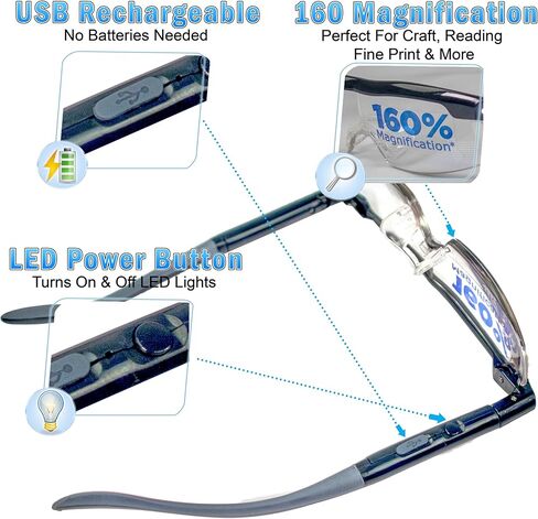 نظارات مكبرة باضاءة LED لتعزيز البصر - نظارات تكبير 160% قابلة لاعادة الشحن بمنفذ USB للقراءة والحرف اليدوية والمشاريع التي تصنعها بنفسك in Kuwait