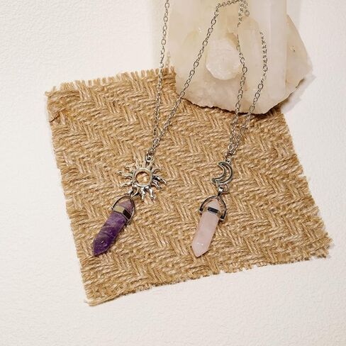 POZANKI 2 PCS BFF Healing Crystal Amethyst and Rose Quartz Point Pendant Chakra Necklaces, Sun and Moon Matching Necklace for Couples Best Friend Boyfriend Girlfriend Gift in Kuwait