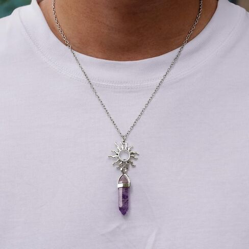 POZANKI 2 PCS BFF Healing Crystal Amethyst and Rose Quartz Point Pendant Chakra Necklaces, Sun and Moon Matching Necklace for Couples Best Friend Boyfriend Girlfriend Gift in Kuwait