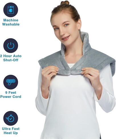 وسادة تدفئة لتخفيف آلام الرقبة والكتف، وسادة تدفئة كهربائية للرقبة لتخفيف آلام الرقبة والتشنجات، وسادات تدفئة الكتف مع 4 إعدادات للحرارة، إيقاف تلقائي لمدة ساعتين، 22 بوصة × 19 بوصة، رمادي قابل للغسل في الغسالة in Kuwait