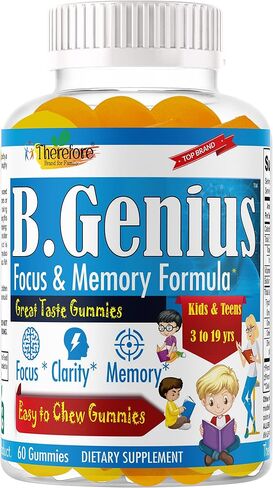 مكمل B.Genius لتعزيز الدماغ وفيتامينات الذاكرة للأطفال والمراهقين | قوة فائقة لتركيز الدماغ والذاكرة والتعلم والدقة مع أوميغا 3 وEPA/DHA - 60 علكة لذيذة قابلة للمضغ in Saudi Arabia
