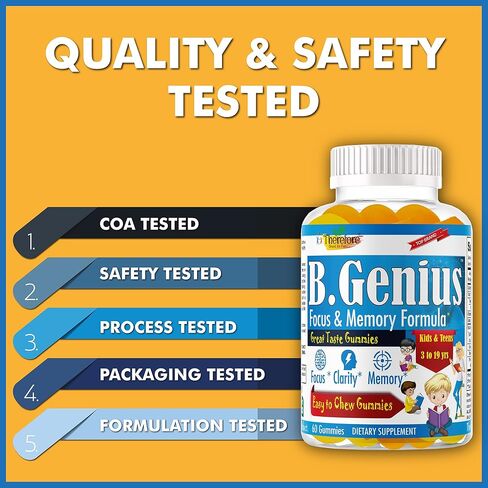 مكمل B.Genius لتعزيز الدماغ وفيتامينات الذاكرة للأطفال والمراهقين | قوة فائقة لتركيز الدماغ والذاكرة والتعلم والدقة مع أوميغا 3 وEPA/DHA - 60 علكة لذيذة قابلة للمضغ in Saudi Arabia