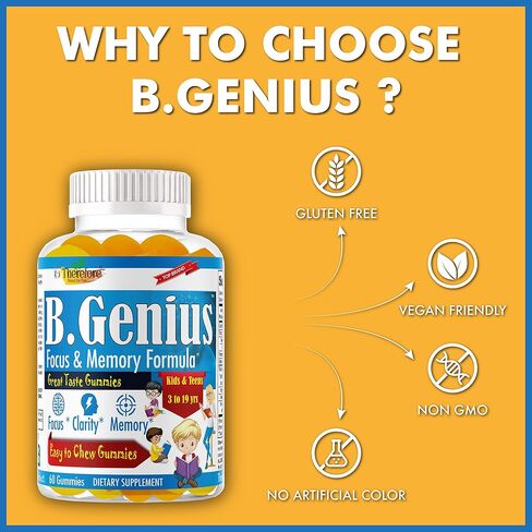 مكمل B.Genius لتعزيز الدماغ وفيتامينات الذاكرة للأطفال والمراهقين | قوة فائقة لتركيز الدماغ والذاكرة والتعلم والدقة مع أوميغا 3 وEPA/DHA - 60 علكة لذيذة قابلة للمضغ in Saudi Arabia