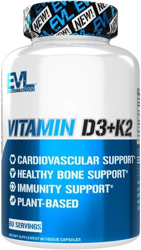 Evlution Nutrition فيتامين D3 + K2 لدعم الجهاز المناعي، دعم صحة العظام والدماغ والقلب، غير معدل وراثيًا وخالي من الغلوتين، فعالية عالية، تحسين امتصاص الكالسيوم، 60 حصة in Kuwait