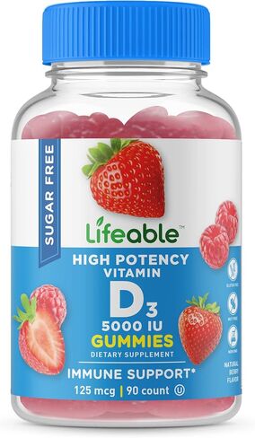 Lifeable Sugar Free Vitamin D 5000 IU - Great Tasting Natural Flavor Gummy Supplement - Gluten Free Vegetarian GMO-Free Chewable - for Immune Support and Bone Health - for Adults - 90 Gummies in Kuwait