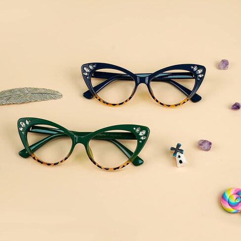 نظارات VOOGLAM Cat Eye Blue لحجب الضوء للنساء، نظارات عصرية مزيفة مع ألماس مضاد لإجهاد العين والأشعة فوق البنفسجية in Kuwait