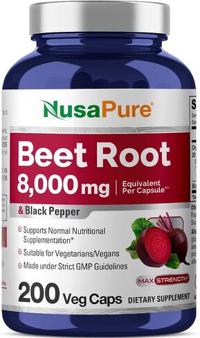 NusaPure جذر البنجر 8000 مجم لكل كبسولة (نباتي، غير معدل وراثيًا، مستخلص 20:1 وخالي من الغلوتين) مع الفلفل الأسود. 200 كبسولة نباتية in Saudi Arabia
