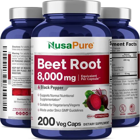 NusaPure جذر البنجر 8000 مجم لكل كبسولة (نباتي، غير معدل وراثيًا، مستخلص 20:1 وخالي من الغلوتين) مع الفلفل الأسود. 200 كبسولة نباتية in Saudi Arabia