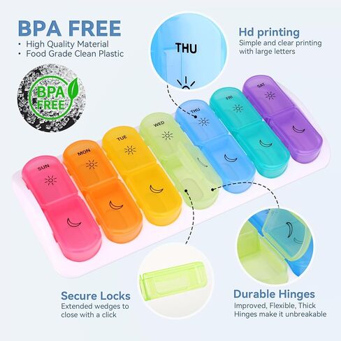 منظم حبوب الدواء 3 مرات في اليوم، صندوق حبوب كبير 7 أيام، منظم صندوق حبوب الدواء الأسبوعي، صندوق حبوب محمول، قابل للإزالة بشكل فردي، يحمل الفيتامينات وزيت كبد سمك القد، سهل الفتح in Kuwait