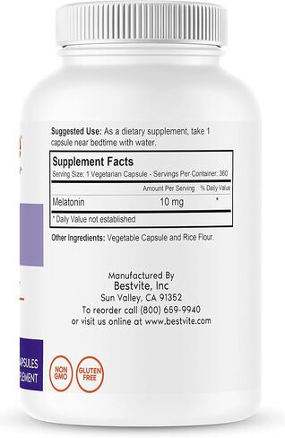 BESTVITE Melatonin 10 mg - 360 Veg Caps - No Stearates - No Sucralose, No Dextrose, No Silicon Dioxide, No Mannitol - Vegan - Non-GMO - Gluten-Free - Sleep Aid to Support Rest & Wake Cycles in Saudi Arabia