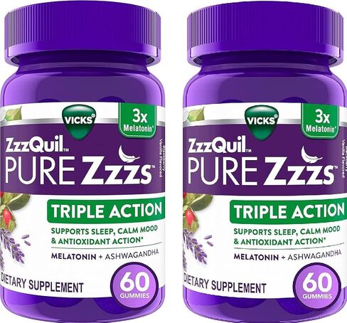 ZzzQuil Pure Zzzs Triple Action، علكات الميلاتونين، 3X مكمل نوم الميلاتونين مع أشواغاندا، مزاج هادئ وعمل مضاد للأكسدة، مكمل نوم للبالغين، 6 مجم لكل وجبة، 60 قطعة (عبوة من قطعتين) in Saudi Arabia
