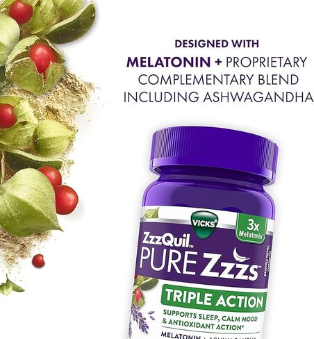 ZzzQuil Pure Zzzs Triple Action، علكات الميلاتونين، 3X مكمل نوم الميلاتونين مع أشواغاندا، مزاج هادئ وعمل مضاد للأكسدة، مكمل نوم للبالغين، 6 مجم لكل وجبة، 60 قطعة (عبوة من قطعتين) in Saudi Arabia
