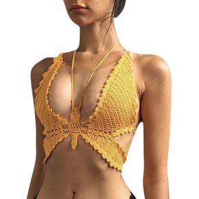 Women Sexy Butterfly Crop Tank Top Crochet Halter V Neck Camisole Vest Outfit for Party Club Dance