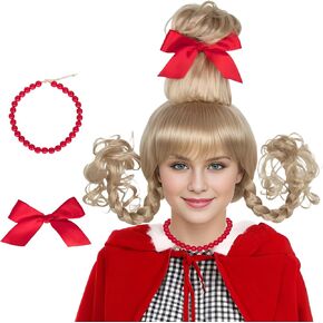 Miss U Hair Adult Women Girls Christmas Wig Long Blonde Braid Wig with Red Beads Necklace Bow