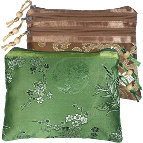 kilofly 2 pc Chinese Silk Brocade 3 Zipper Pocket Tassel Jewelry Bag Gift Pouch