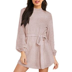 HAPCOPE Women's 2023 Fall Winter Elegant Chenille Sweater Dress Mock Neck Long Sleeve Short Dresses with Belt