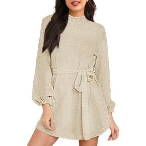HAPCOPE Women's 2023 Fall Winter Elegant Chenille Sweater Dress Mock Neck Long Sleeve Short Dresses with Belt
