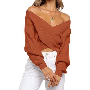 ZCSIA Women's Wrap V Neck Cropped Sweaters 2023 Fall Long Sleeve Cross Front Off Shoulder Solid Knitted Pullover Tops