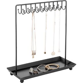 MyGift 14 Inch Brass Metal Jewelry Organizer Stand for Necklaces with 20 Hooks and Ring Tray