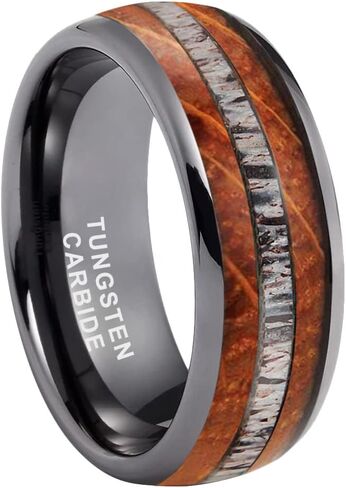 TUTISS 8mm Silver/Black/Gunmetal Tungsten Rings for Men Women Wedding Bands Natural Whisky Barrel Wood Deer Antler Inlay Domed Polished Comfort Fit in Kuwait