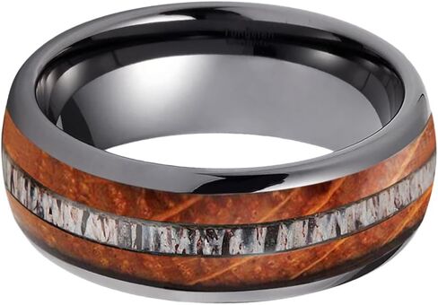 TUTISS 8mm Silver/Black/Gunmetal Tungsten Rings for Men Women Wedding Bands Natural Whisky Barrel Wood Deer Antler Inlay Domed Polished Comfort Fit in Kuwait