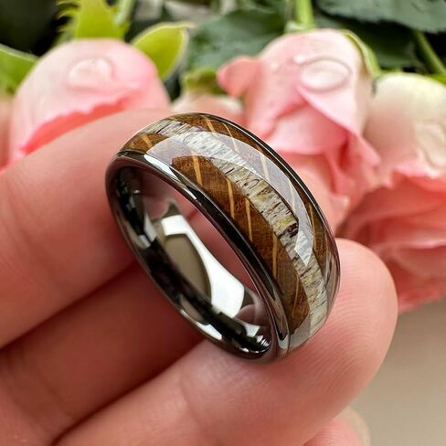 TUTISS 8mm Silver/Black/Gunmetal Tungsten Rings for Men Women Wedding Bands Natural Whisky Barrel Wood Deer Antler Inlay Domed Polished Comfort Fit in Kuwait