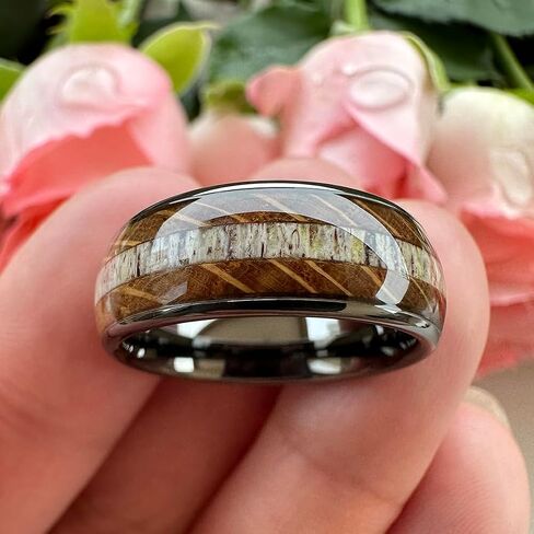 TUTISS 8mm Silver/Black/Gunmetal Tungsten Rings for Men Women Wedding Bands Natural Whisky Barrel Wood Deer Antler Inlay Domed Polished Comfort Fit in Kuwait