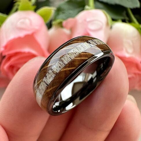 TUTISS 8mm Silver/Black/Gunmetal Tungsten Rings for Men Women Wedding Bands Natural Whisky Barrel Wood Deer Antler Inlay Domed Polished Comfort Fit in Kuwait