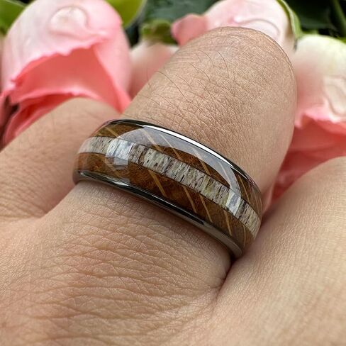 TUTISS 8mm Silver/Black/Gunmetal Tungsten Rings for Men Women Wedding Bands Natural Whisky Barrel Wood Deer Antler Inlay Domed Polished Comfort Fit in Kuwait