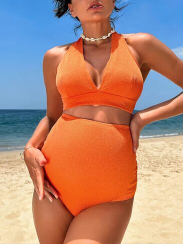 MakeMeChic Women's 2 Piece Swimsuit Solid Tie Back Halter High Waisted Bikini Set Bathing Suits in Saudi Arabia