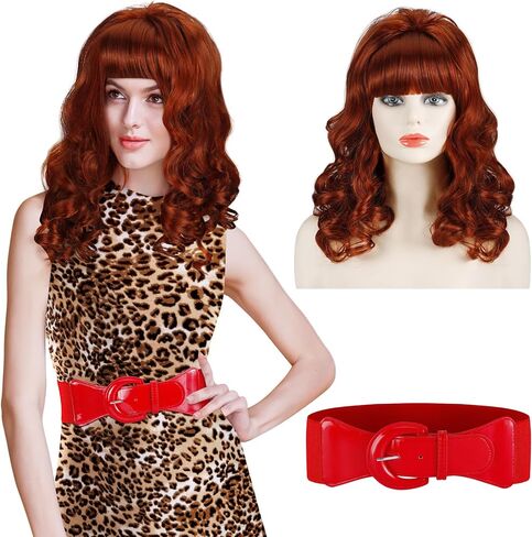 Berlune 2 Pcs Halloween 80s Red Women's Costume Set, Include Red Long Wavy Wig with Bang Women's Wide Stretchy Cinch Belt Bouffant Curly Hair Wig for Adult Halloween Retro 80s Cosplay Party in Saudi Arabia