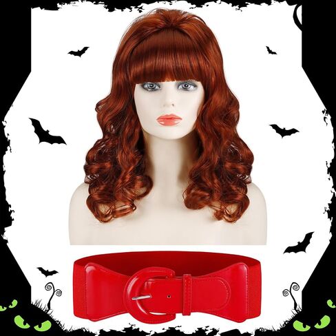 Berlune 2 Pcs Halloween 80s Red Women's Costume Set, Include Red Long Wavy Wig with Bang Women's Wide Stretchy Cinch Belt Bouffant Curly Hair Wig for Adult Halloween Retro 80s Cosplay Party in Saudi Arabia