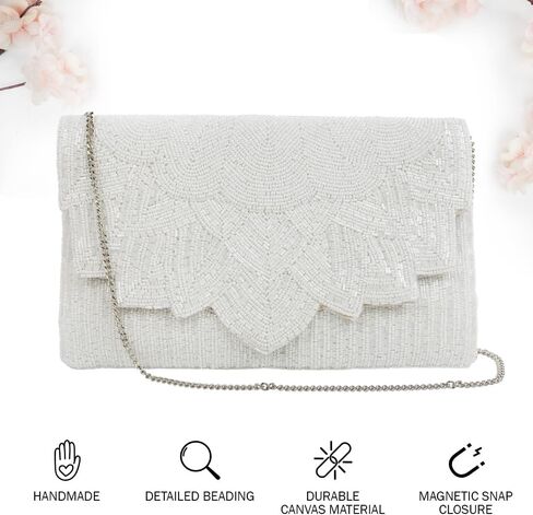 Evening Bag White Flower Scallop Pearl Clutch Bag, Bride Clutch, Hand Beaded Bride Purse, White Purses for Women, Gifts for Engagement, Bridal Shower, Gifts, Bride Purse for Bachelorette Party in Kuwait