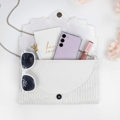 Evening Bag White Flower Scallop Pearl Clutch Bag, Bride Clutch, Hand Beaded Bride Purse, White Purses for Women, Gifts for Engagement, Bridal Shower, Gifts, Bride Purse for Bachelorette Party in Kuwait