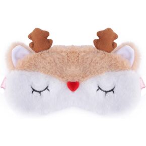 Cute Reindeer Plush Sleep Mask Eye Mask Sleeping Mask Christmas Animal Rudolph Soft Fluffy Eye Cover Blindfold Eye Shade for Kids Girls and Adult Travel - Beige