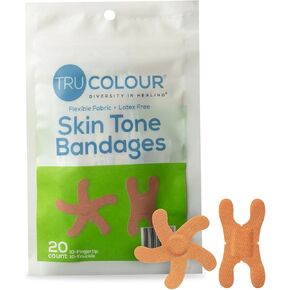 Tru Colour - Knuckle and Fingertip Bandages, Flexible Fabric Adhesive Bandages, Dark Brown Skin Tone Shade, Purple Bag, 20 Count