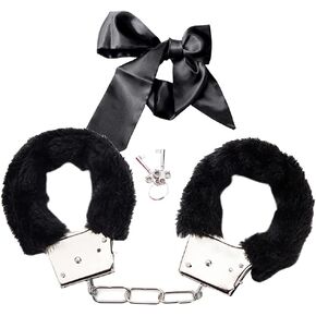 GSHLLO 2 Pcs Metal Handcuffs Blindfold Fluffy Handcuff Sleep Eye Mask Cosplay Costume Handcuff Mask Dress Ball Party Prop for Sleeping Games Black in Kuwait