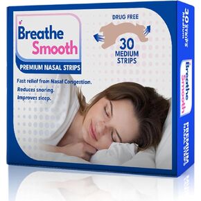 شريط الأنف الفاخر من Breathe Smooth، متوسط ​​الحجم الأصلي | يخفف على الفور احتقان الأنف | يساعد على تقليل الشخير | خالية من المخدرات زيادة تدفق الهواء | آمن وفعال | 30 شريط | الحجم - 56 مم × 18 مم in Saudi Arabia