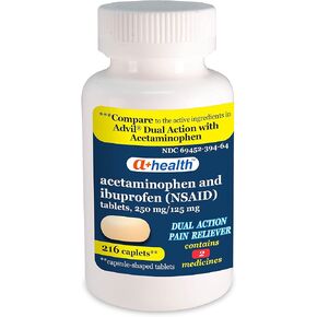 A+Health Dual Action Acetaminophen 250 mg and Ibuprofen (NSAID) 125mg Pain Reliever Caplets, 216 Count