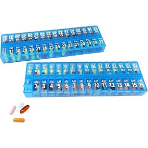 Twice-a-Day Monthly Pill Box Planner Set - AM & PM Medication Organizer for 31 Days! Set Contains 2 Organizers for One Month. (Blue - 31 Day AM/PM -1 Pack)