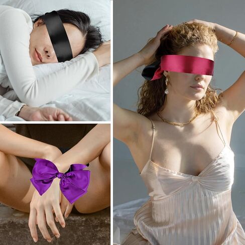 قطعة واحدة من قناع العين الحريري الساتان للنوم، أغطية العين 59 بوصة قناع نوم من الساتان، قناع عين ناعم ناعم قابل للتعديل معصوب العينين، معصوب العينين لألعاب النوم (أسود وأحمر) in Kuwait