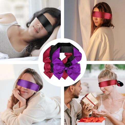قطعة واحدة من قناع العين الحريري الساتان للنوم، أغطية العين 59 بوصة قناع نوم من الساتان، قناع عين ناعم ناعم قابل للتعديل معصوب العينين، معصوب العينين لألعاب النوم (أسود وأحمر) in Kuwait