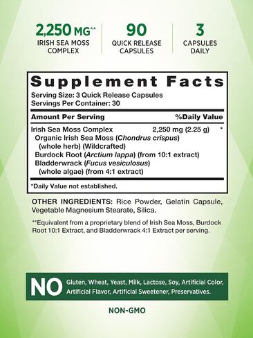 Irish Sea Moss Complex | 90 Capsules | 2,250mg | with Bladderwrack & Burdock Root | Non-GMO & Gluten Free Supplement | by Nature's Truth in Saudi Arabia