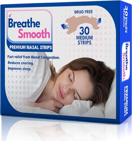 شريط الأنف الفاخر من Breathe Smooth، متوسط ​​الحجم الأصلي | يخفف على الفور احتقان الأنف | يساعد على تقليل الشخير | خالية من المخدرات زيادة تدفق الهواء | آمن وفعال | 30 شريط | الحجم - 56 مم × 18 مم in Kuwait